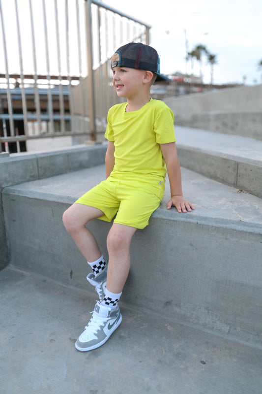 Neon Yellow Ribbed 2 Piece Shorts Set