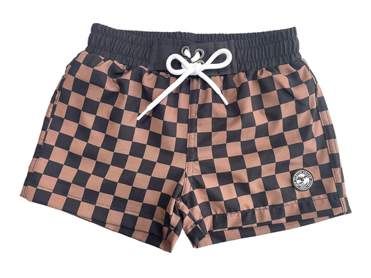 Black and Tan Check Swim Trunks