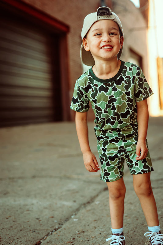 Green Distressed Camo 2 Piece Shorts Set