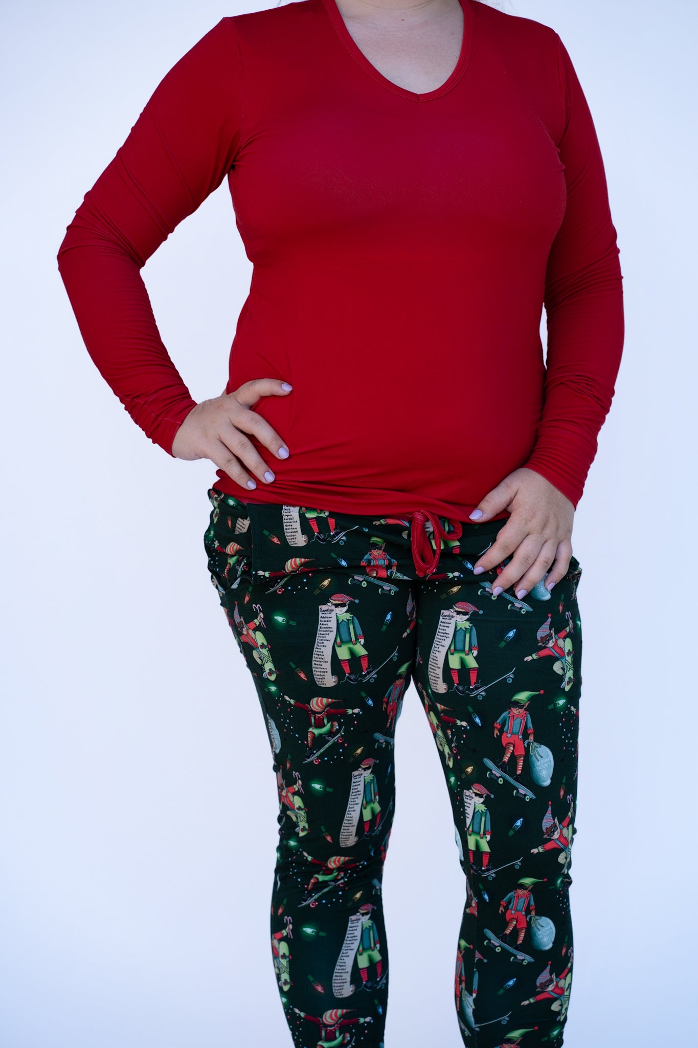 Solid Red Adult Women's Long Sleeve V-Neck Shirt **