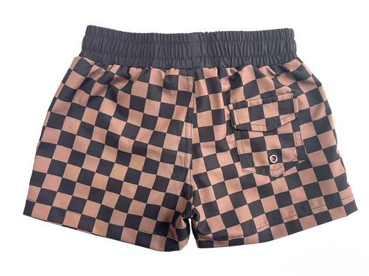 Black and Tan Check Swim Trunks