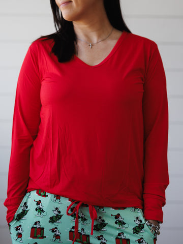 Red Adult Women's Long Sleeve V-Neck Shirt