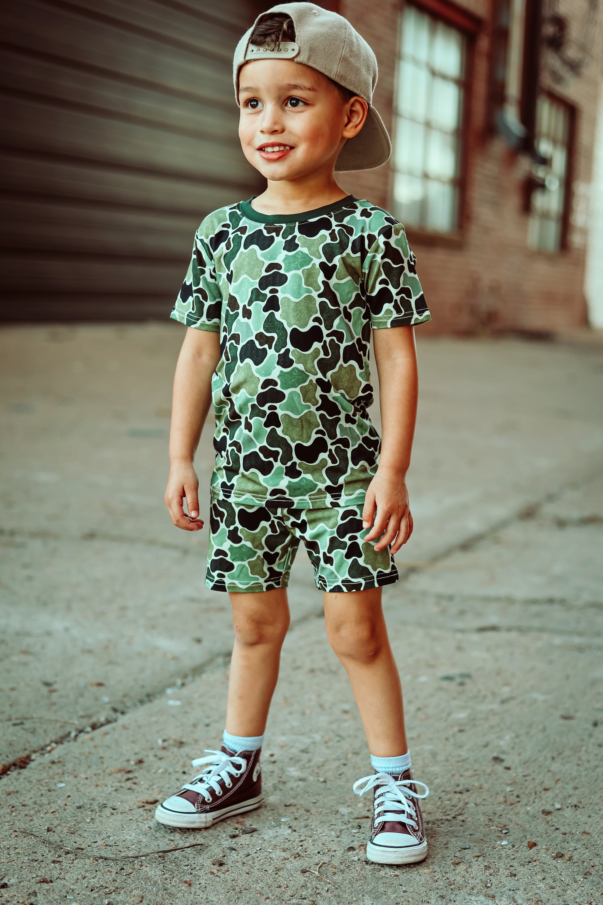 Green Distressed Camo 2 Piece Shorts Set