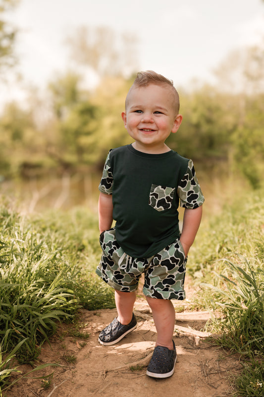 Green Distressed Camo Lounge Pocket Tee & Shorts Set