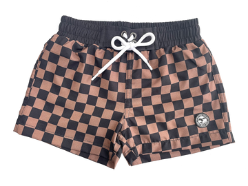 Black and Tan Check Swim Trunks