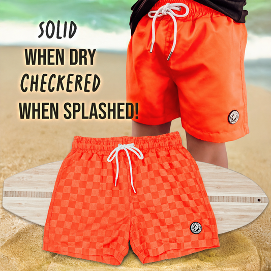 Neon Orange Checker Swim Trunks
