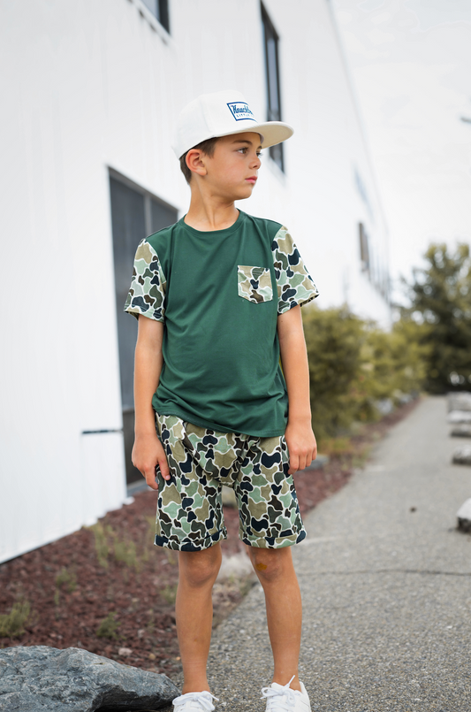 Green Distressed Camo Lounge Pocket Tee & Shorts Set