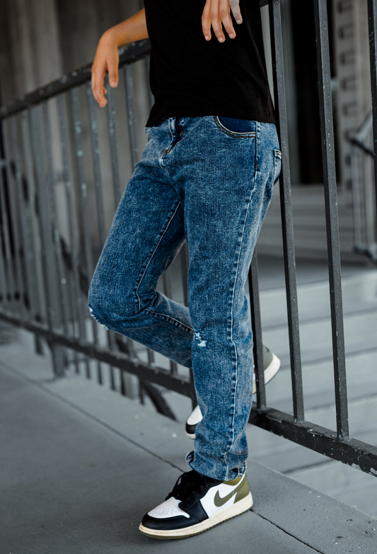Blue Acid Wash Distressed Denim Jeans